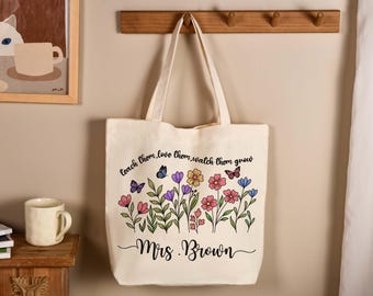 Personalized Teacher Tote Bag, Teacher Appreciation Gift, Custom Teacher Gift Bag, Flower Teacher Canvas Tote Bag, Back to School Tote