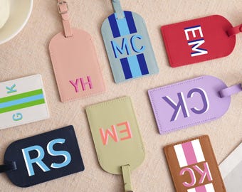 Personalized Vegan Leather Luggage Tag, Shadow Monogram Travel Bag Tag, Custom Suitcase Identifier