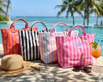 Personalized Embroidered Beach Tote Bag, Waterproof Striped PVC Pool Bag, Summer Travel Bag