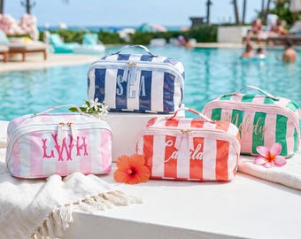 Trousse de maquillage brodée personnalisée, Trousse de toilette imperméable personnalisée, Trousse de toilette transparente rayée monogramme, Cadeaux de demoiselle d'honneur, Cadeau pour elle