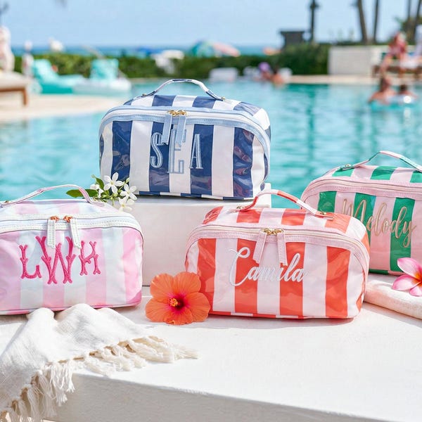 Personalized Embroidered Makeup Bag,Custom Waterproof Cosmetic Pouch,Monogram Striped Clear Coat Toiletry Bag,Bridesmaid Gifts,Gift for Her