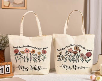 Bolsa de regalo para profesores, bolsa de mano personalizada para profesores, bolsa de regalo personalizada para profesores, bolsa de lona con flores para profesores, bolsa de regreso a clases