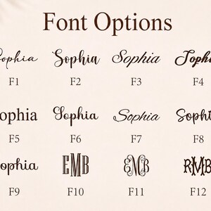 May include: A chart titled Font Options displaying twelve distinct typography styles labeled F1 through F12. The first nine options show the name Sophia in various scripts and serif fonts, while the last three show monograms EMB or RMB.