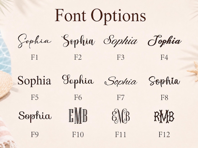 May include: A chart titled Font Options displaying twelve distinct typography styles labeled F1 through F12. The first nine options show the name Sophia in various scripts and serif fonts, while the last three show monograms EMB or RMB.