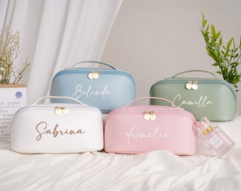 Personalized Embroidered Makeup Bag, Bridesmaid Gift, Leather Cosmetic Bag, Travel Makeup Organizer