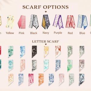 May include: A collection of narrow rectangular scarves displayed in two sections. The top section shows nine solid-colored and patterned scarves labeled Brown, Yellow, Pink, Black, Navy, Purple, Red, Blue, and Green. The bottom section features twenty-six lettered scarves from A to Z, each with a unique color and intricate pattern.