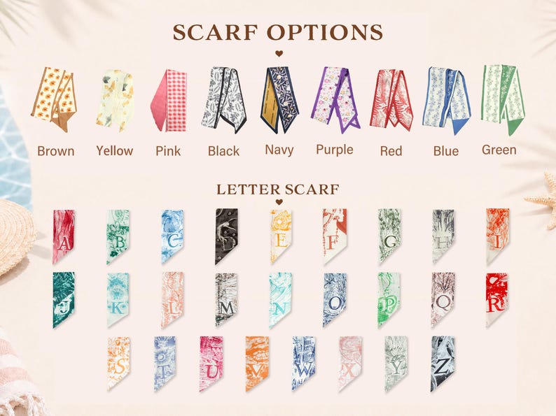 May include: A collection of narrow rectangular scarves displayed in two sections. The top section shows nine solid-colored and patterned scarves labeled Brown, Yellow, Pink, Black, Navy, Purple, Red, Blue, and Green. The bottom section features twenty-six lettered scarves from A to Z, each with a unique color and intricate pattern.