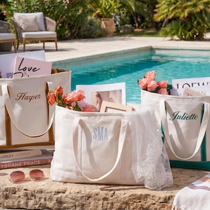 Borsa tote personalizzata con ricamo, borsa in tela con cerniera, borsa da spiaggia, regalo per damigella d'onore