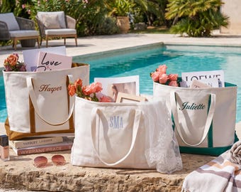 Custom Embroidered Tote Bag, Canvas Tote with Zipper, Beach Bag, Bridesmaid Gift