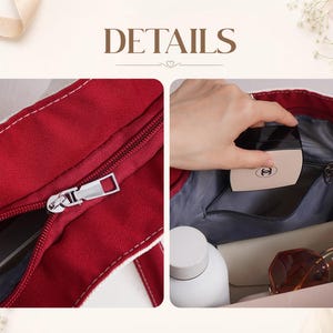 May include: A red canvas tote bag featuring a silver metal zipper closure. The interior is lined with gray fabric and includes a zippered pocket. Items inside include a white water bottle, sunglasses, and a small square compact case.