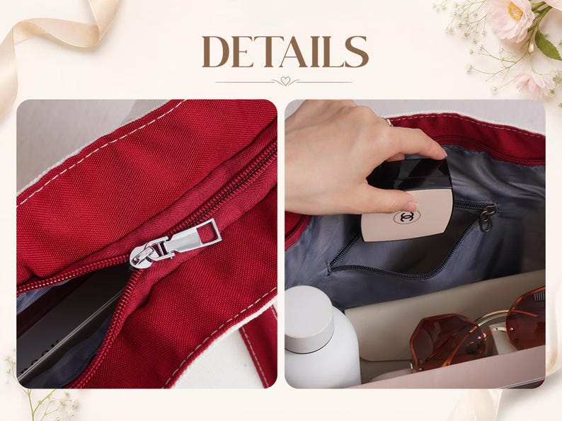 May include: A red canvas tote bag featuring a silver metal zipper closure. The interior is lined with gray fabric and includes a zippered pocket. Items inside include a white water bottle, sunglasses, and a small square compact case.