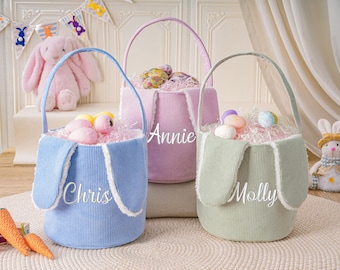Embroidered Kids Bunny Basket with Name,Personalized Corduroy Easter Basket,Easter Bunny Basket,Easter Egg Hunt Basket,Easter Gift for Kid