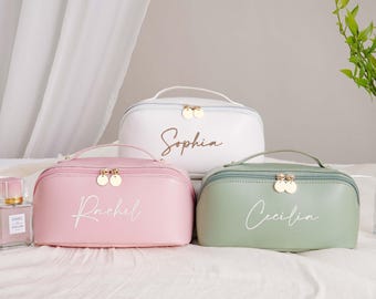 Personalized Leather Makeup Bag, Embroidered Makeup Bag with Name, Bridesmaid Gift, Travel Cosmetic Bag, Gift for Her, Makeup Organizer