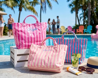 Personalized Waterproof Beach Tote, Embroidered Striped PVC Pool Bag, Summer Travel Bag