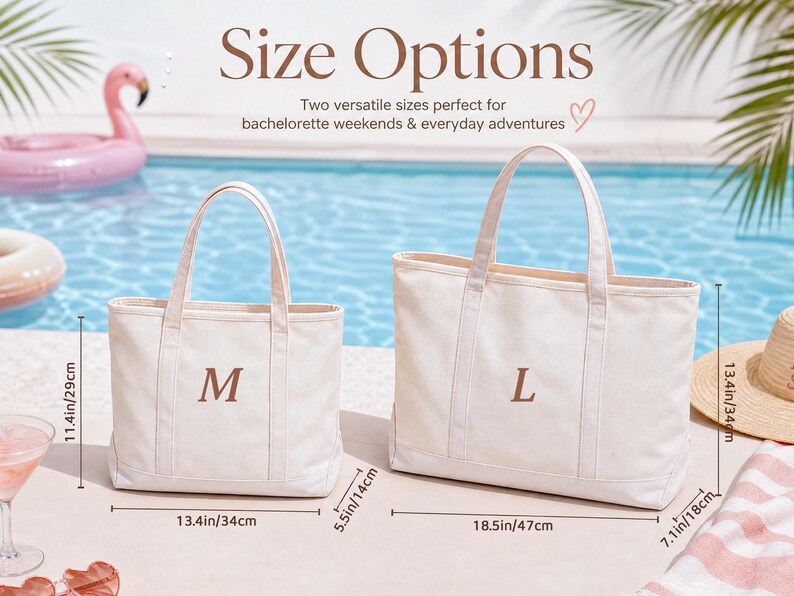 May include: Two off-white canvas tote bags with brown embroidered letters M and L. The medium bag measures 13.4 inches wide, 11.4 inches high, and 5.5 inches deep. The large bag measures 18.5 inches wide, 13.4 inches high, and 7.1 inches deep.