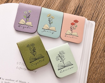 Custom Leather Birth Flower Bookmark,Personalized Magnetic Bookmark,Name Bookmark with Birth Flower,Book Lover Birthday Gift,Book Accessory