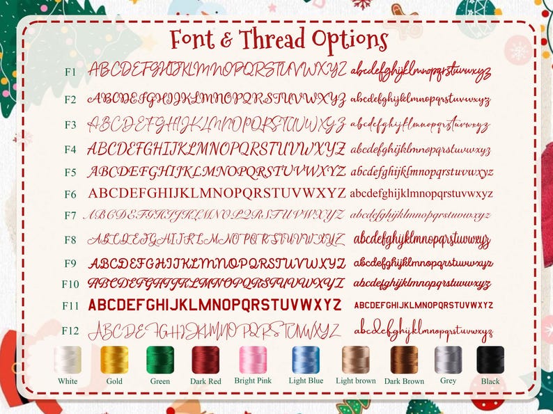 Op de afbeelding: Afbeelding met lettertype- en draadopties. De tekst "Font & Thread Options" staat bovenaan. Er worden twaalf lettertypestijlen weergegeven, elk met hoofdletters en kleine letters. Daaronder vertegenwoordigen kleurstalen draadkleuren zoals wit, goud en zwart.