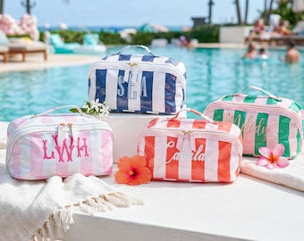 Bolsa de maquillaje bordada personalizada, bolsa de cosméticos impermeable personalizada, bolsa de aseo transparente con monograma a rayas, regalo para dama de honor, regalo para ella