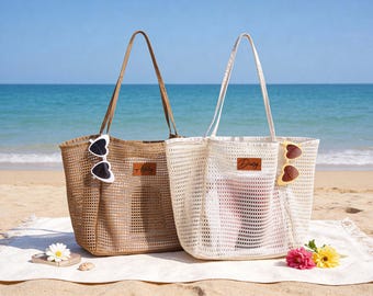 Personalized Beach Bag, Bridesmaid Tote Bag, Custom Girls Trip Beach Bag, Bachelorette Party Gift Bag, Beach Wedding Gifts, Summer Mesh Tote