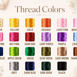 May include: A color chart titled Thread Colors displaying twenty-four individual spools of embroidery thread in various shades including cream, yellow, gold, orange, pinks, reds, purples, blues, greens, browns, grey, and black with labels.