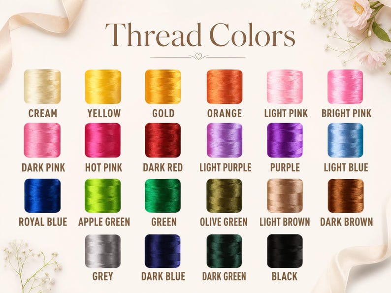 May include: A color chart titled Thread Colors displaying twenty-four individual spools of embroidery thread in various shades including cream, yellow, gold, orange, pinks, reds, purples, blues, greens, browns, grey, and black with labels.
