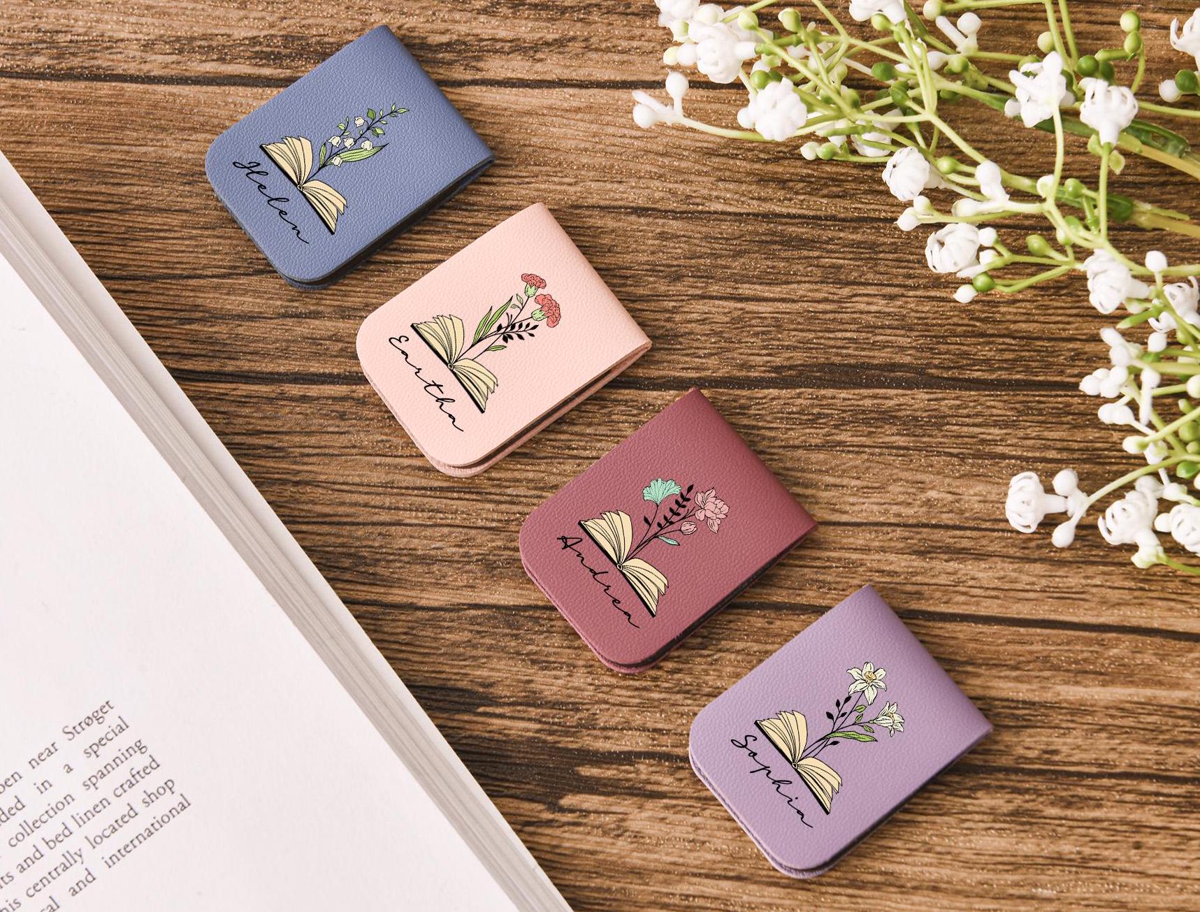 Name Bookmark with Birth Flower,Custom Leather Birth Flower Bookmark,Personalized Magnetic Bookmark,Book Lover Birthday Gift,Book Accessory