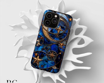 Celestial Moon and Stars Tough Case, Blue Gold Galaxy Phone Cover, iPhone 14, 15, 16, Astrology and Space Lovers Gift, Dual Layer Protection