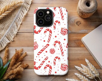 Funda navideña con diseño de bastón de caramelo - Diseño festivo en rojo y blanco - Regalo para mujeres, mamás y amantes de las fiestas - Funda protectora para iPhone