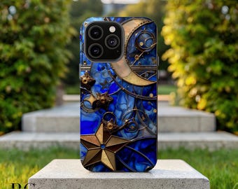 Celestial Moon and Stars Tough Case, Blue Gold Galaxy Phone Cover, iPhone 14, 15, 16, Astrology and Space Lovers Gift, Dual Layer Protection