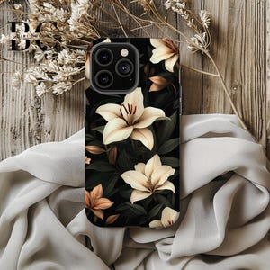 Cream Lily Dark Floral, iPhone Tough Case 11, 12, 13, 14, 15, 16 Pro Max Plus Samsung Galaxy | Victorian Gothic Floral, Glossy or Matte