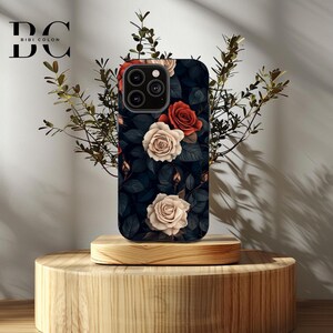 Dark Floral Rose, iPhone Tough Case 11, 12, 13, 14, 15, 16 Pro Max Plus Samsung Galaxy | Ornamental Victorian Gothic Floral, Glossy or Matte