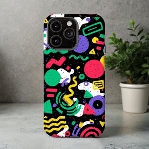 Funda retro Memphis para iPhone, diseño geométrico abstracto de los 80, carcasa de TPU con estampado estético pop art colorido para iPhone 15, 14, 13 y 12 SE