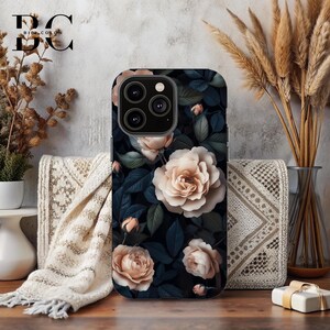 Dark Floral Peony Rose, iPhone Tough Case 11, 12, 13, 14, 15, 16 Pro Max Plus Samsung Galaxy | Victorian Gothic Floral, Glossy or Matte