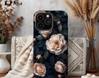 Dark Floral Peony Rose, iPhone Tough Case 11, 12, 13, 14, 15, 16 Pro Max Plus Samsung Galaxy | Victorian Gothic Floral, Glossy or Matte