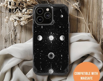 Lunar Phase Phone Case, iPhone Tough Case 11, 12, 13, 14, 15, 16 Pro Max Plus Samsung Galaxy | Celestial Gothic Moon Glossy or Matte