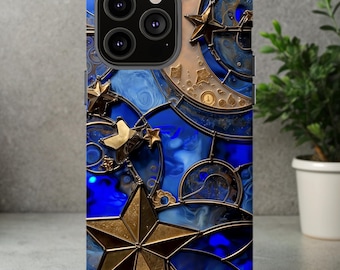 Celestial Moon and Stars Tough Case, Blue Gold Galaxy Phone Cover, iPhone 14, 15, 16, Astrology and Space Lovers Gift, Dual Layer Protection