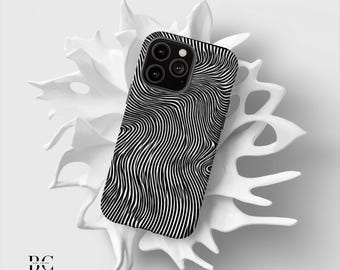 May include: A black and white phone case with a wavy, striped pattern rests on a white, abstract decorative object. The phone case has a camera array on the upper left. The background is a solid white.