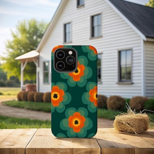 Funda para teléfono con diseño floral retro, diseño verde oscuro y naranja, con estampado de margaritas de los años 70, estilo vintage de TPU para iPhone 15, 14 y 13
