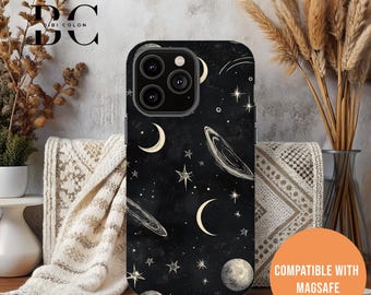 Galaxy Moon Phone Case, iPhone Tough Case 11, 12, 13, 14, 15, 16 Pro Max Plus Samsung Galaxy | Celestial Gothic Stars Glossy or Matte