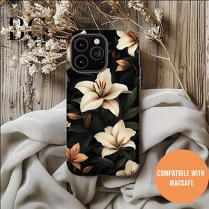 Cream Lily Dark Floral, iPhone Tough Case 11, 12, 13, 14, 15, 16 Pro Max Plus Samsung Galaxy | Victorian Gothic Floral, Glossy or Matte