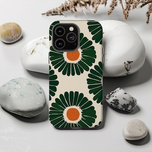 Funda retro con margaritas, diseño floral verde oscuro y naranja para iPhone, con estampado floral vintage de los años 70, carcasa de TPU con estilo para iPhone 15, 14 y 13