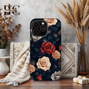 Dark Floral Rose, iPhone Tough Case 11, 12, 13, 14, 15, 16 Pro Max Plus Samsung Galaxy | Ornamental Victorian Gothic Floral, Glossy or Matte