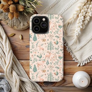 Rustic Christmas Phone Case w/ Cute Reindeer and Festive Forest Design Holiday Gift for Women Moms and Nature Lovers Protective iPhone Case