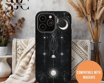 Mystic Moon Phone Case, iPhone Tough Case 11, 12, 13, 14, 15, 16 Pro Max Plus Samsung Galaxy | Celestial Gothic Stars Glossy or Matte