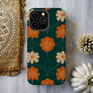 Funda retro con estampado floral de margaritas, diseño moderno para iPhone, estética verde oscuro y naranja, carcasa de TPU vintage de los años 70 para iPhone 15, 14, 13 y 12