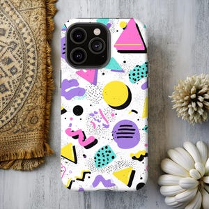 レトロメンフィス風スマホケース、80年代風の幾何学模様iPhoneカバー、カラフルな抽象ポップアートTPUケース（iPhone 15 14 13 12 SE用）