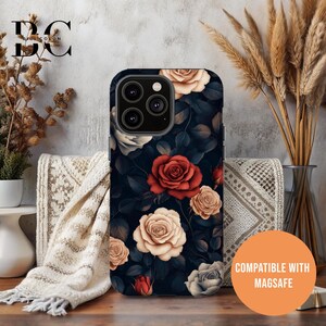 Dark Floral Rose, iPhone Tough Case 11, 12, 13, 14, 15, 16 Pro Max Plus Samsung Galaxy | Ornamental Victorian Gothic Floral, Glossy or Matte