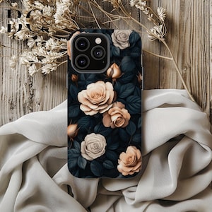 Beige Rose Dark Floral, iPhone Tough Case 11, 12, 13, 14, 15, 16 Pro Max Plus Samsung Galaxy | Victorian Gothic Floral, Glossy or Matte