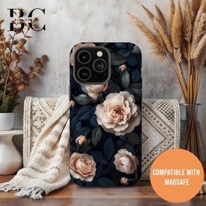 Dark Floral Peony Rose, iPhone Tough Case 11, 12, 13, 14, 15, 16 Pro Max Plus Samsung Galaxy | Victorian Gothic Floral, Glossy or Matte