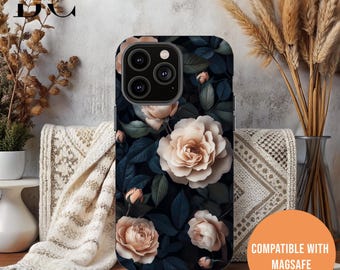 Dark Floral Peony Rose, iPhone Tough Case 11, 12, 13, 14, 15, 16 Pro Max Plus Samsung Galaxy | Victorian Gothic Floral, Glossy or Matte